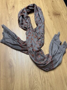 Lightweight Gray Scarf with Copper Floral Embroidery - Women's Accessory
